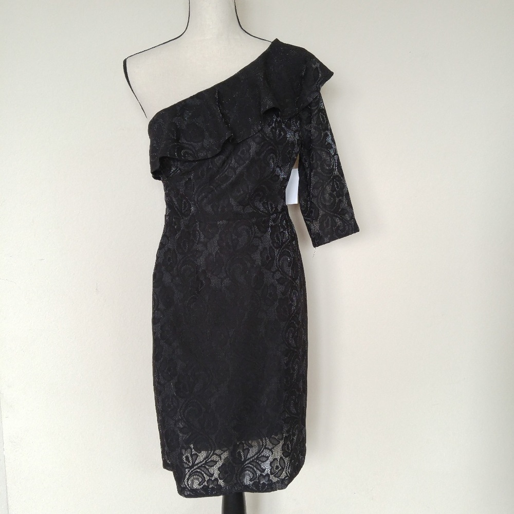 Superfoxx Black One Shoulder Sheath Ruffle Dress
